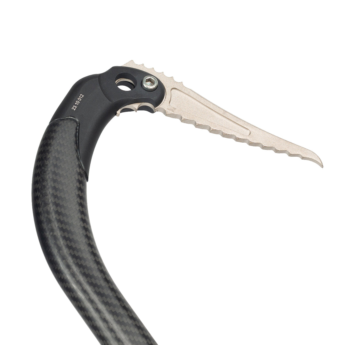 Close-up of Aspeed Ice climbing tool with carbon fiber handle and fort-dry pick on a white background