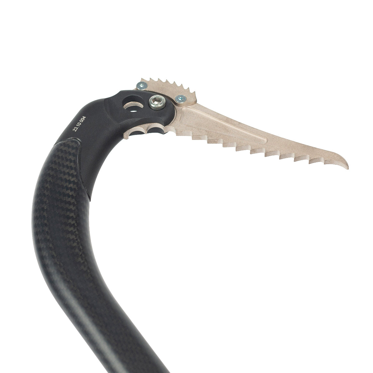 Close up of Aspeed ice climbing tool with a black carbon handle and fort-sport pick on a white background