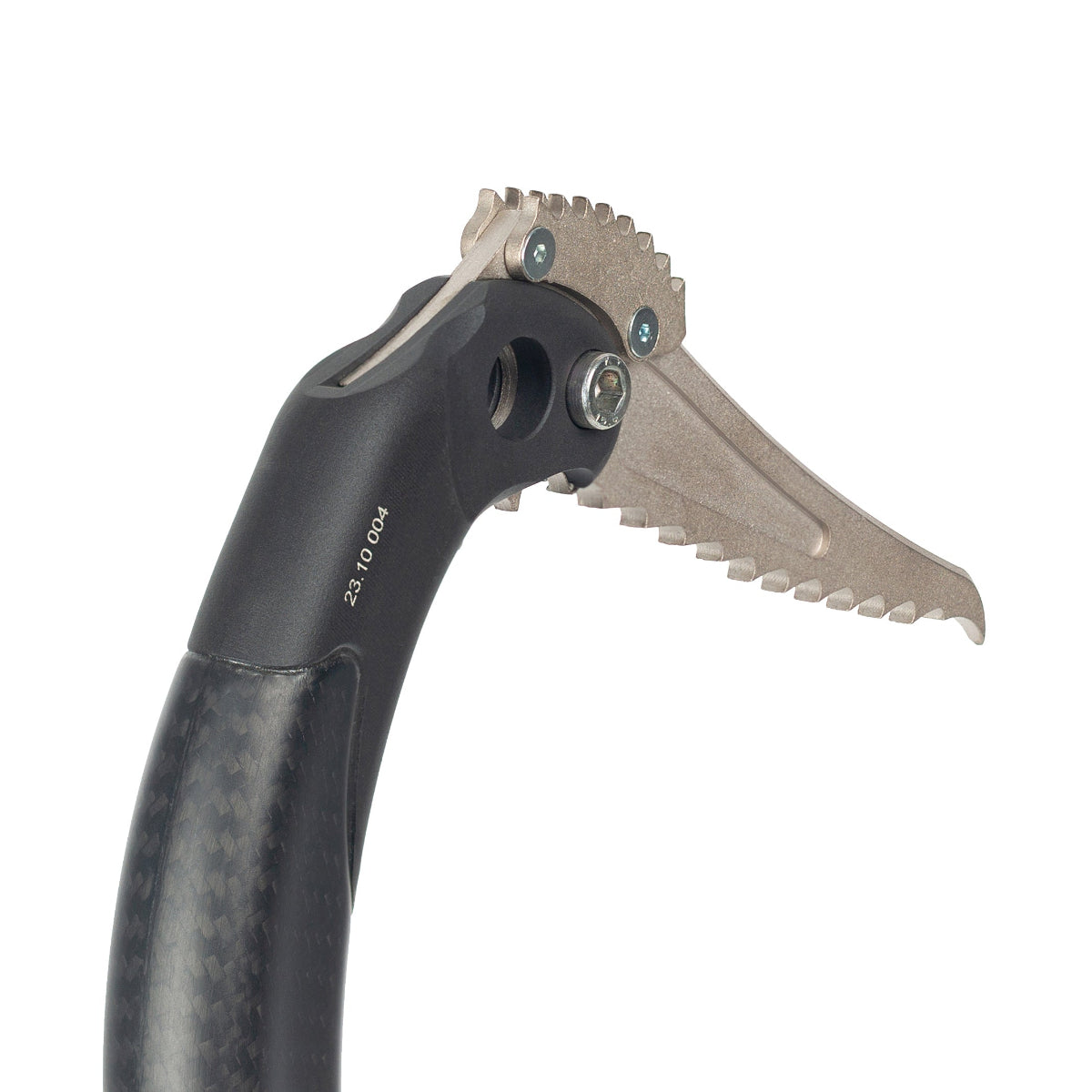 Close-up of Aspeed ice climbing tool with a fort-sport pick on a white background