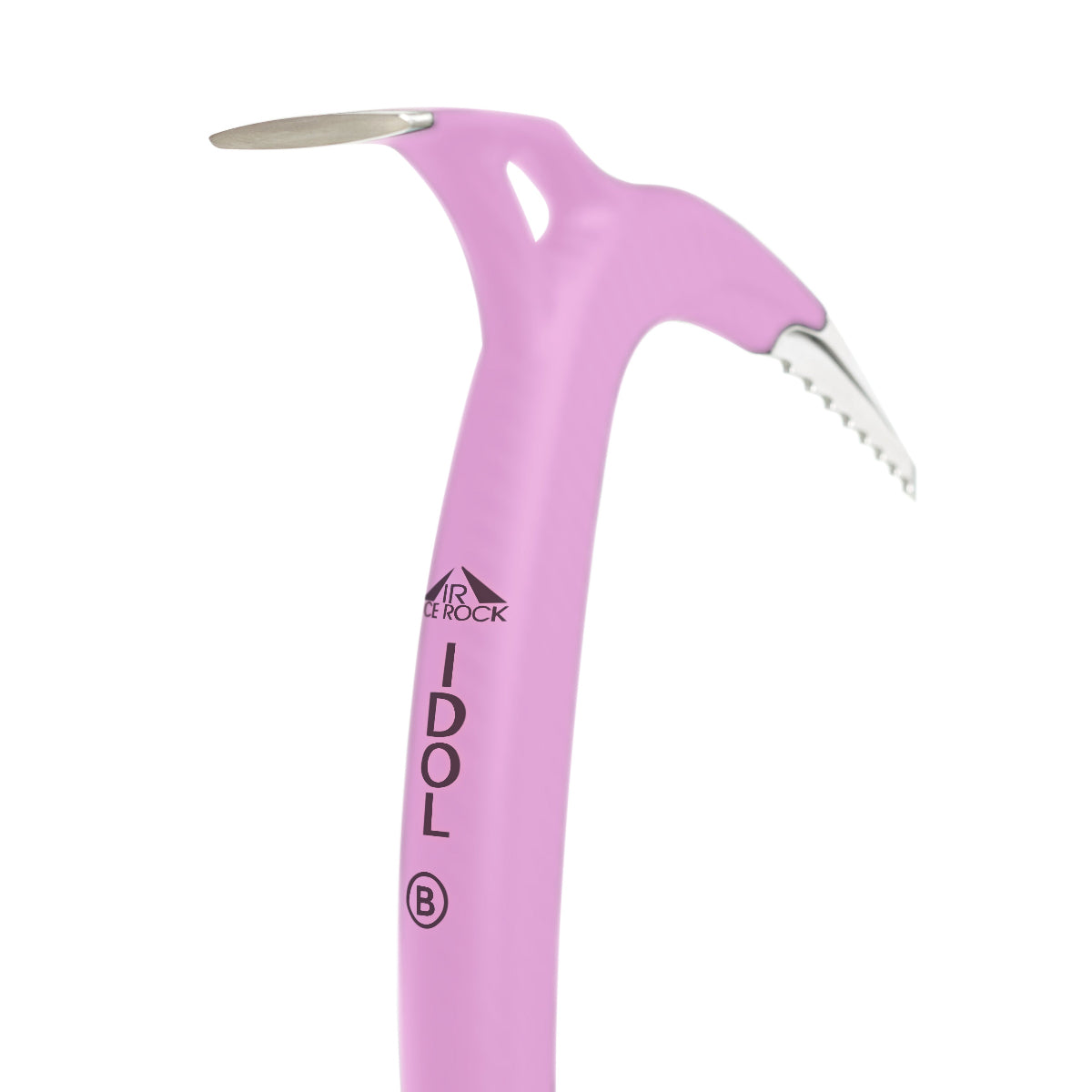 Close up of the head of the Idol pink ice climbing axe on a white background