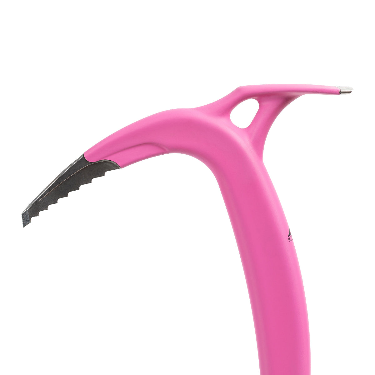 Close up of the head of the pink Idol ice climbing axe on a white background