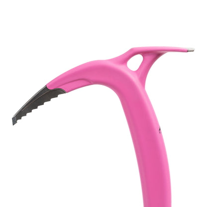 Close up of the head of the pink Idol ice climbing axe on a white background