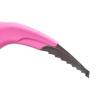 Close up details of the pick of the pink Idol ice climbing axe on a white background
