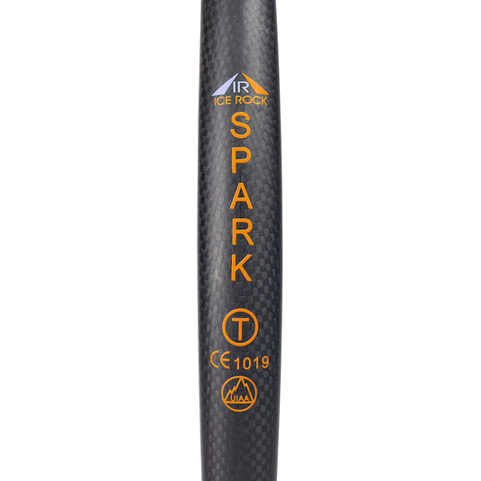 Close up of the Spark ice climbing tool carbon shaft with Ice Rock Spark branding and certification logos on a white background